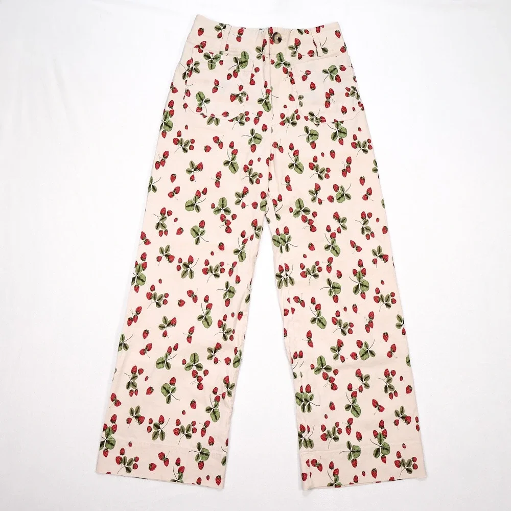 MAEVE ANTHROPOLOGIE Womens 26 Cream Strawberry Print Collete Wide Leg Crop Pants
